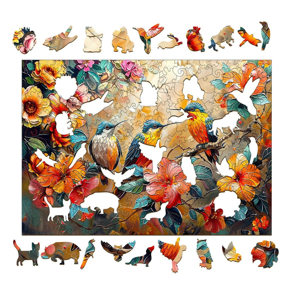 Whimsical Wooden Jigsaw Puzzle-Hummingbird Garden