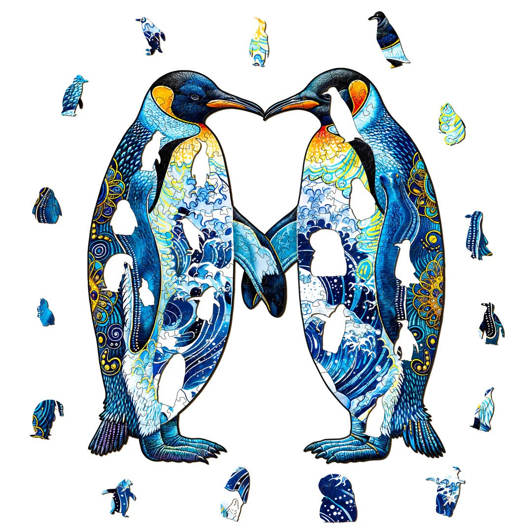 Whimsical Wooden Jigsaw Puzzle- couple penguins