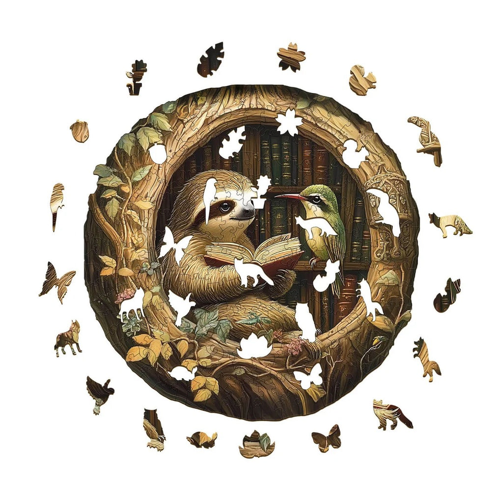 Whimsical Wooden Jigsaw Puzzle- Zoological library