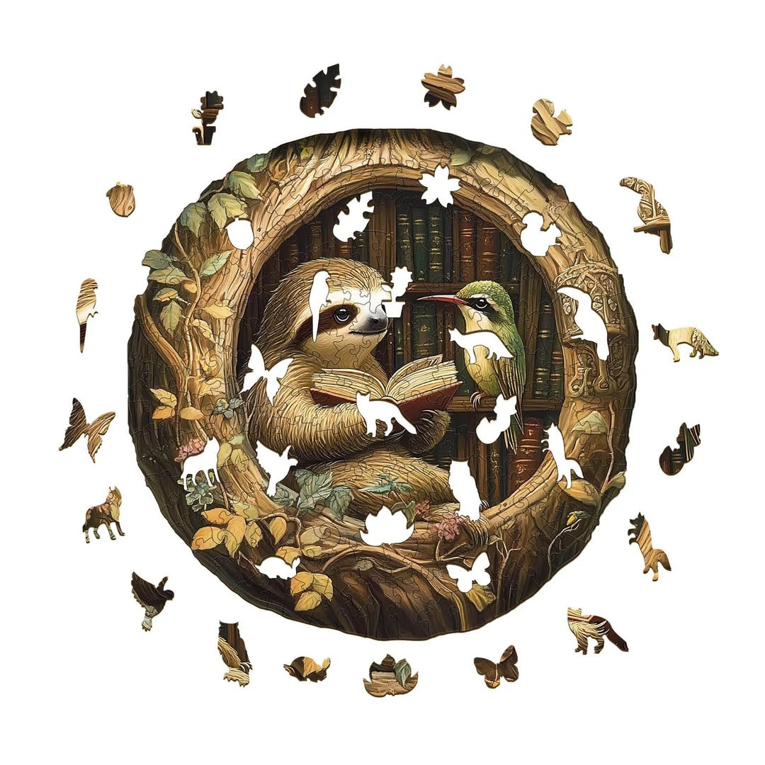 Whimsical Wooden Jigsaw Puzzle- Zoological library