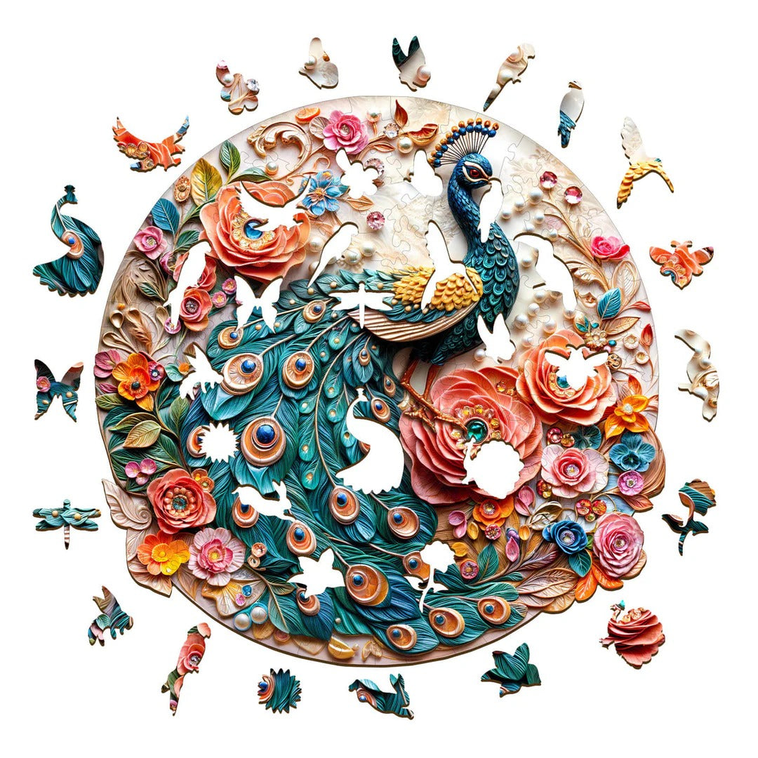 Whimsical Wooden Jigsaw Puzzle- Jewel Peacock Secondary image