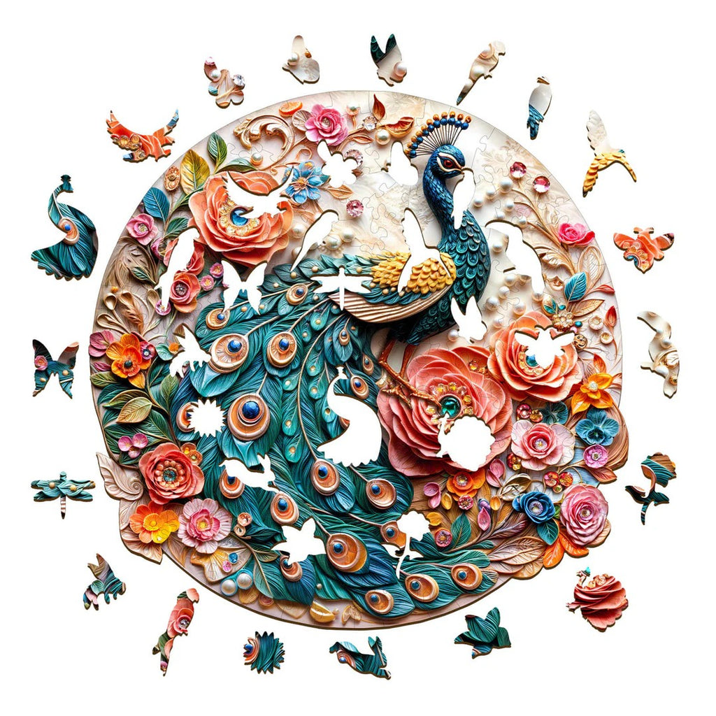 Verträumtes Holzpuzzle – Juwelen-Pfau