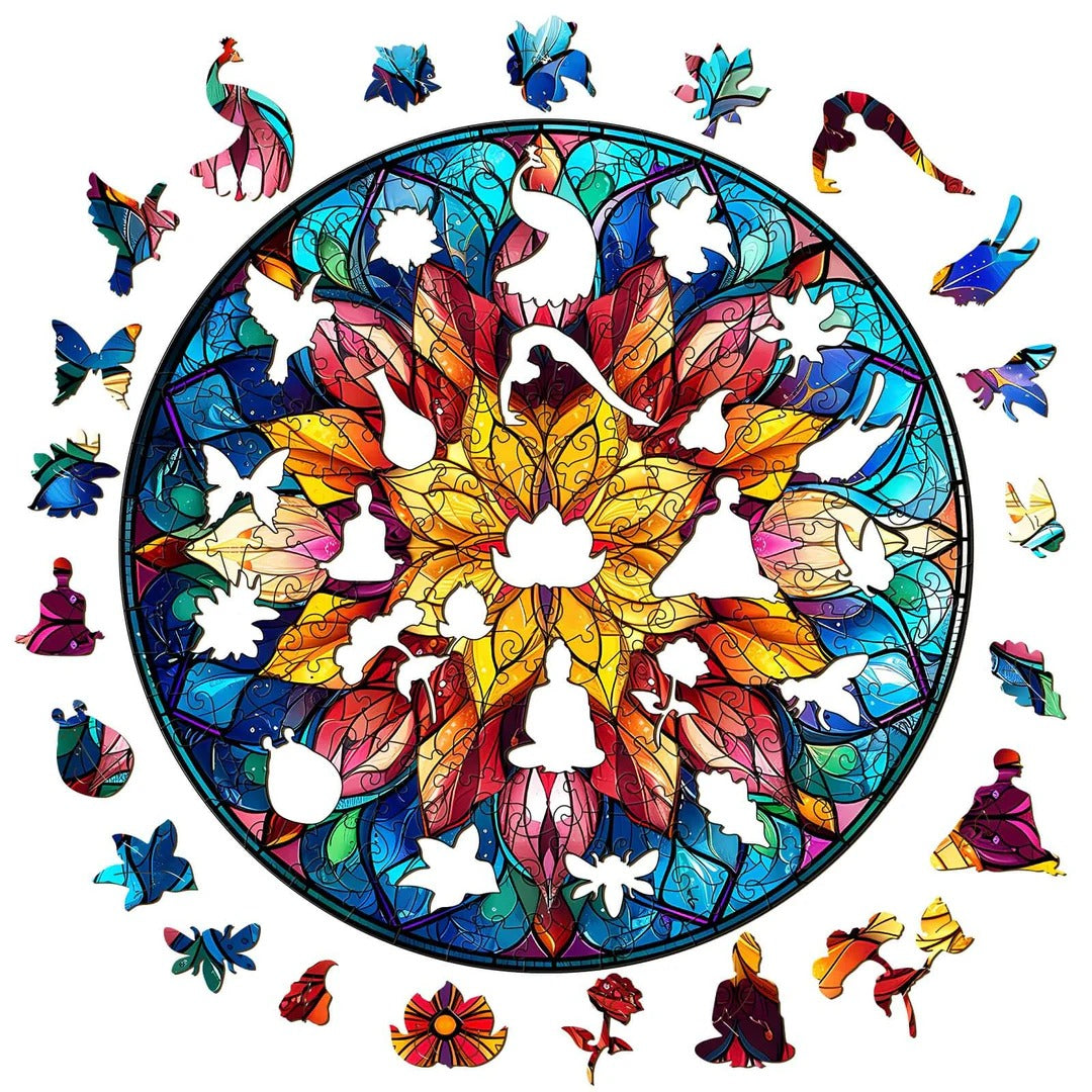 Whimsical Wooden Jigsaw Puzzle-Stained Glass Mandala