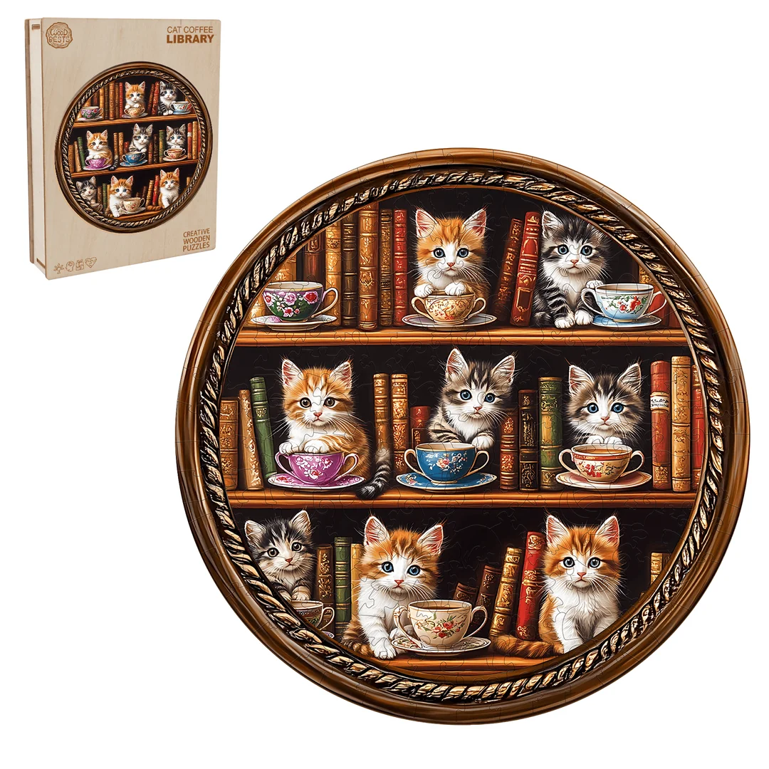Puzzle en bois fantaisiste - Bibliothèque café pour chats