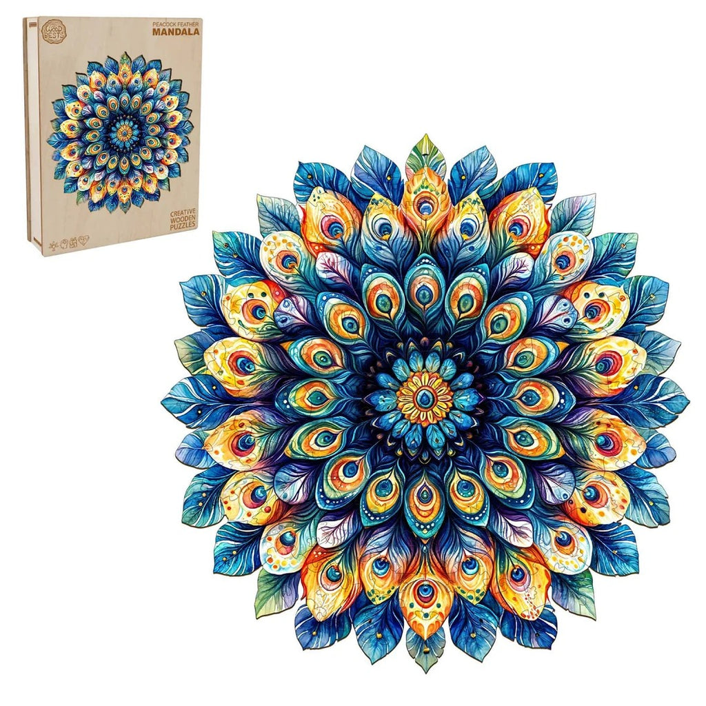 Whimsical Wooden Jigsaw Puzzle- Peacock Feather Mandala