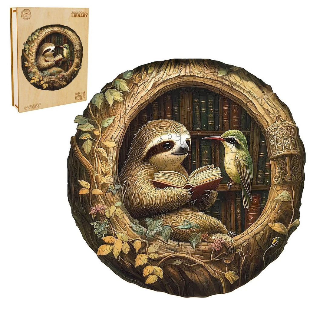 Whimsical Wooden Jigsaw Puzzle- Zoological library