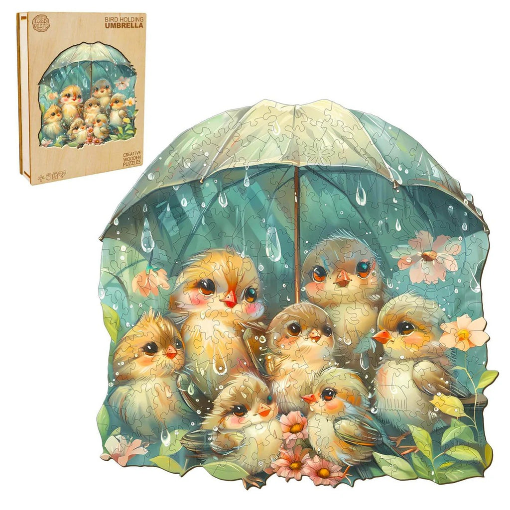 Whimsical Wooden Jigsaw Puzzle- bird holding umbrella