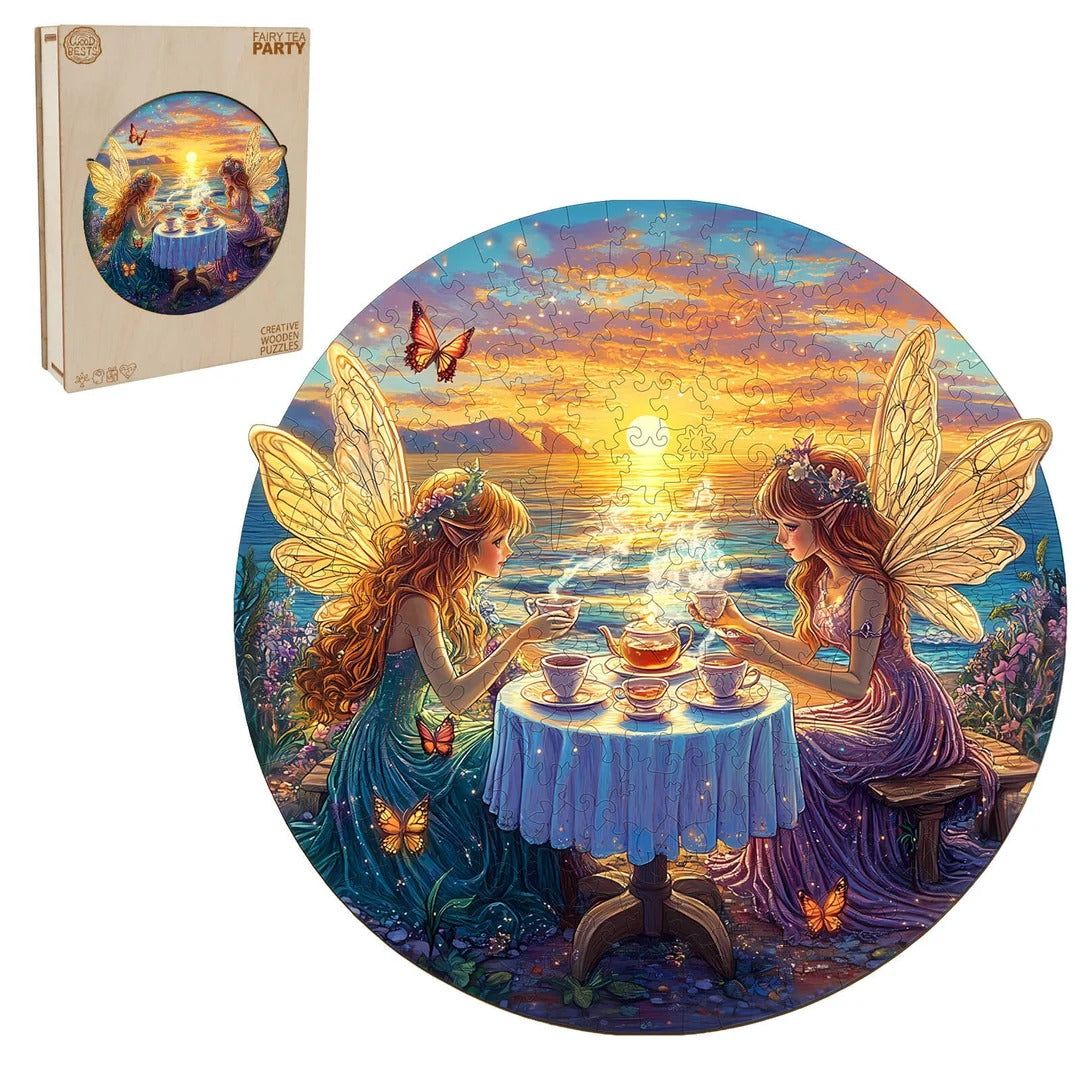 Whimsical Wooden Jigsaw Puzzle-fairy tea party