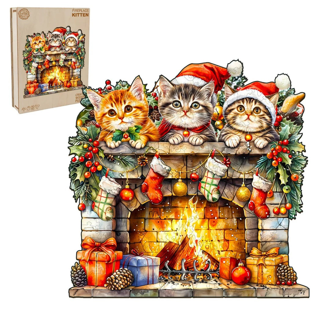 Whimsical Wooden Jigsaw Puzzle- fireplace kitten