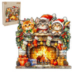 Whimsical Wooden Jigsaw Puzzle- fireplace kitten