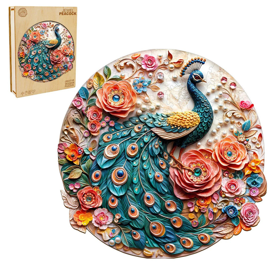 Verträumtes Holzpuzzle – Juwelen-Pfau