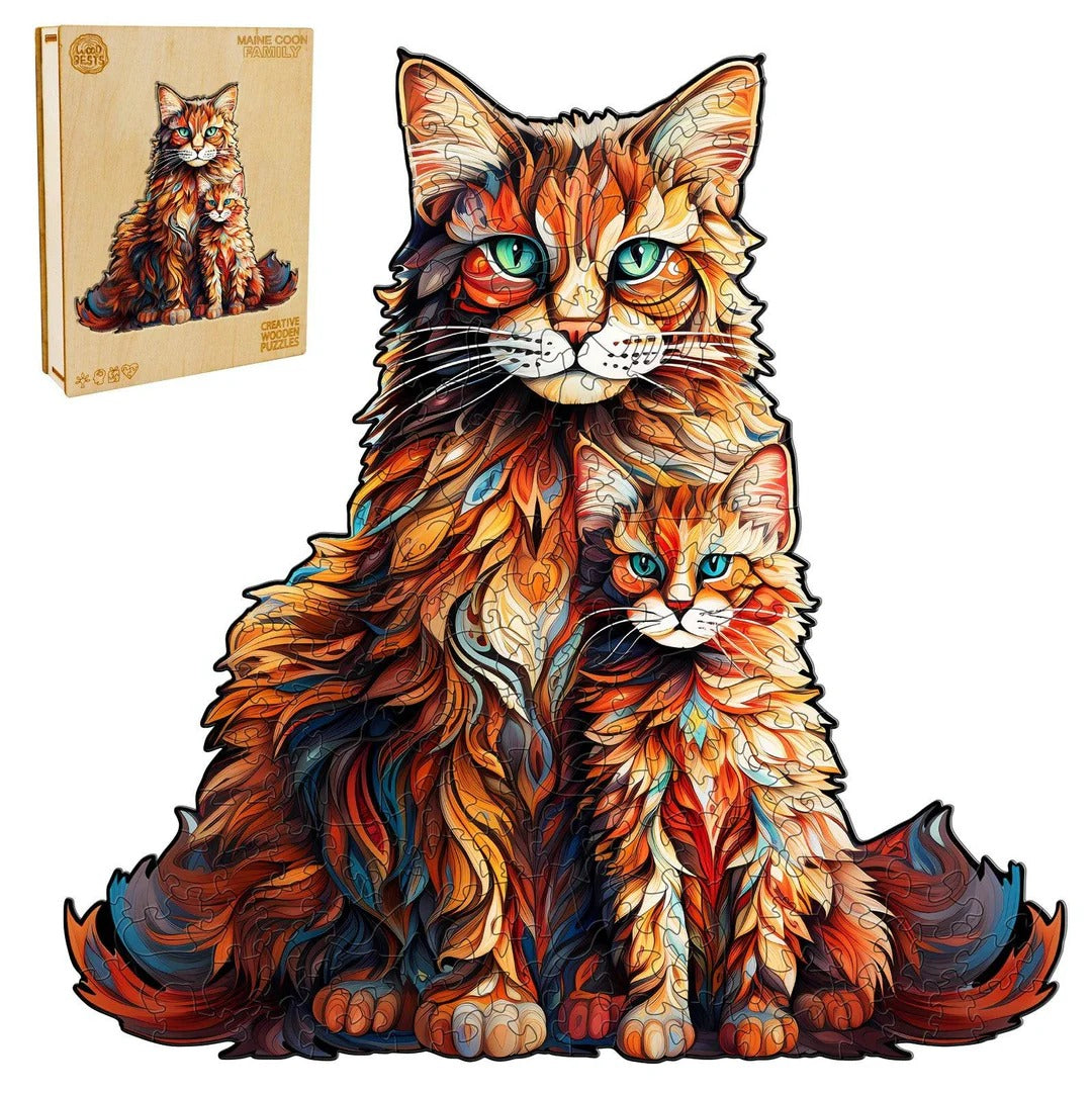 Whimsical Wooden Jigsaw Puzzle- Maine Coon family