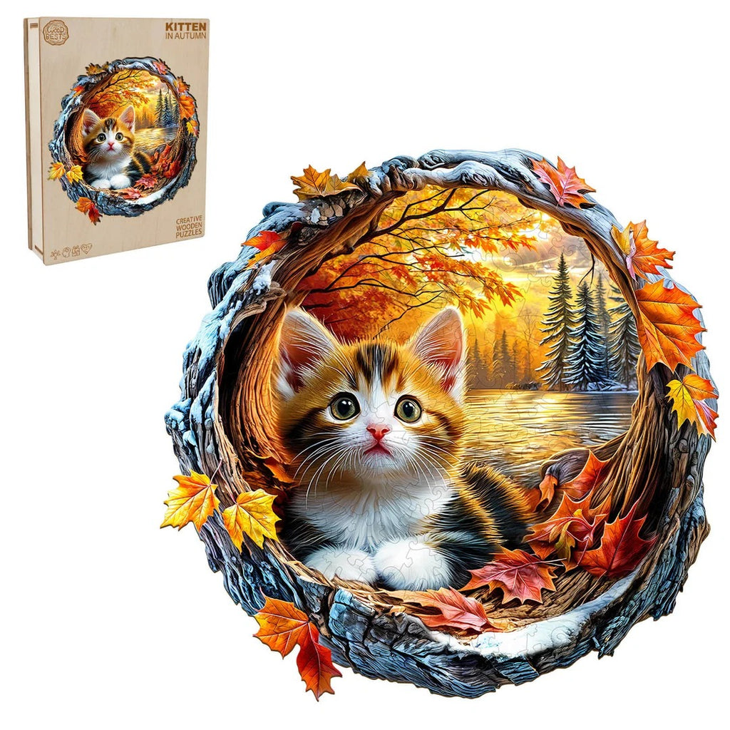 Whimsical Wooden Jigsaw Puzzle- Kitten in autumn