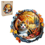 Whimsical Wooden Jigsaw Puzzle- Kitten in autumn