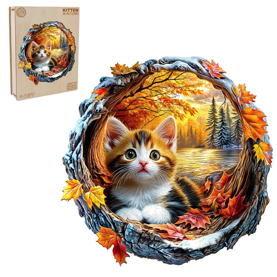Whimsical Wooden Jigsaw Puzzle- Kitten in autumn