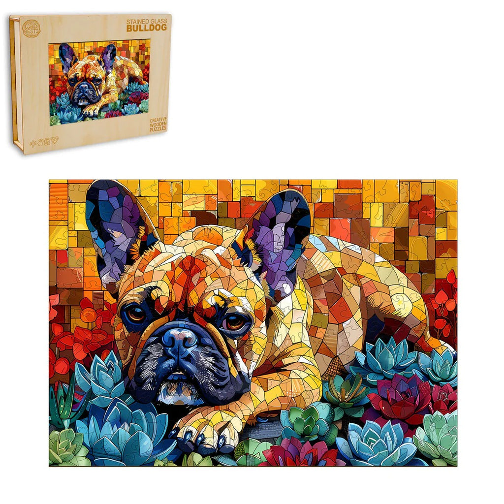 Whimsical Wooden Jigsaw Puzzle- Stained glass bulldog