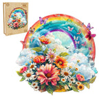Whimsical Wooden Jigsaw Puzzle-Rainbow and Flowers