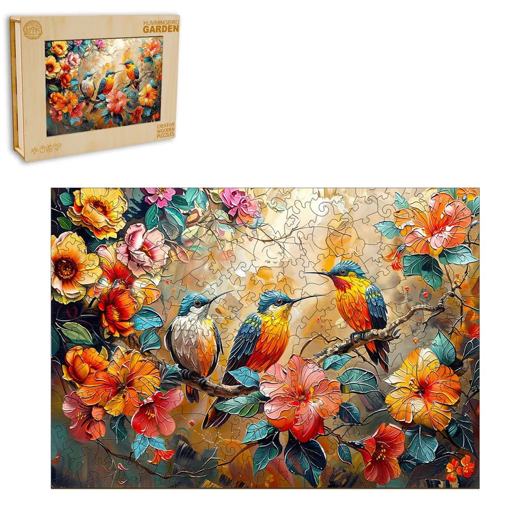 Whimsical Wooden Jigsaw Puzzle-Hummingbird Garden