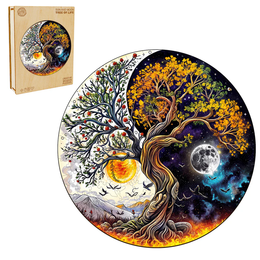 Whimsical Wooden Jigsaw Puzzle- sun and moon tree of life