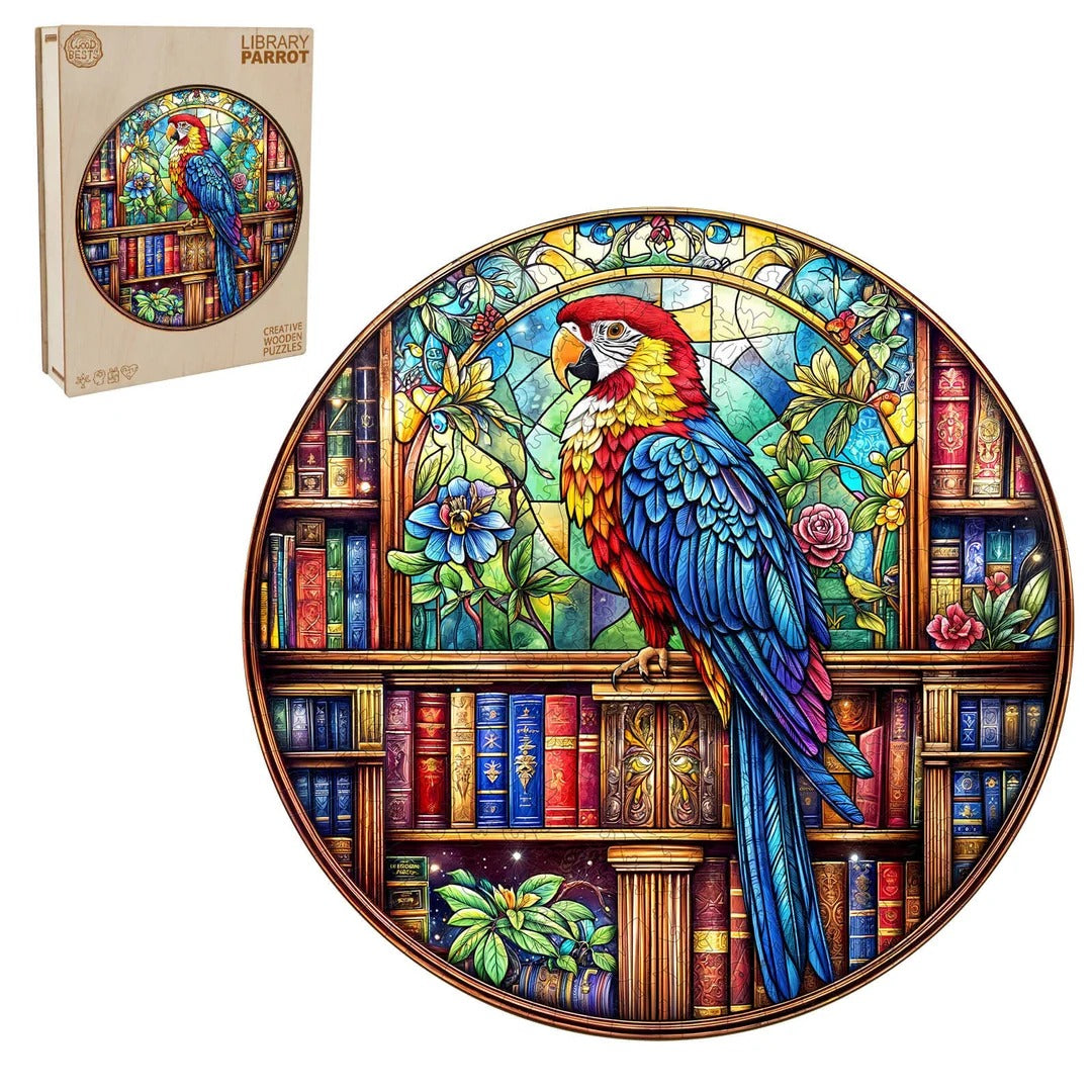 Whimsical Wooden Jigsaw Puzzle- library parrot