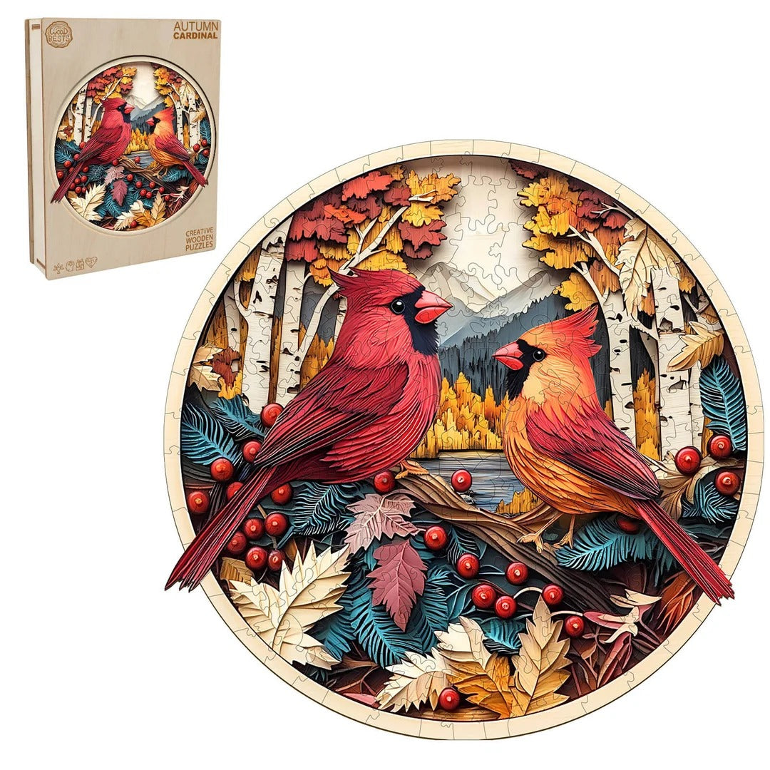 Whimsical Wooden Jigsaw Puzzle-Autumn Cardinal