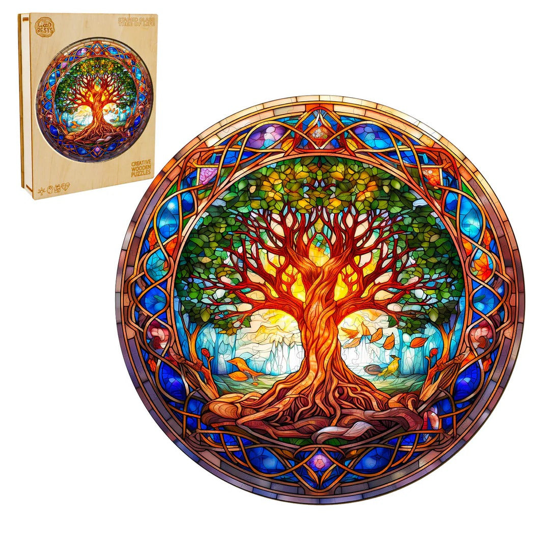 Whimsical Wooden Jigsaw Puzzle-Stained Glass Tree of Life