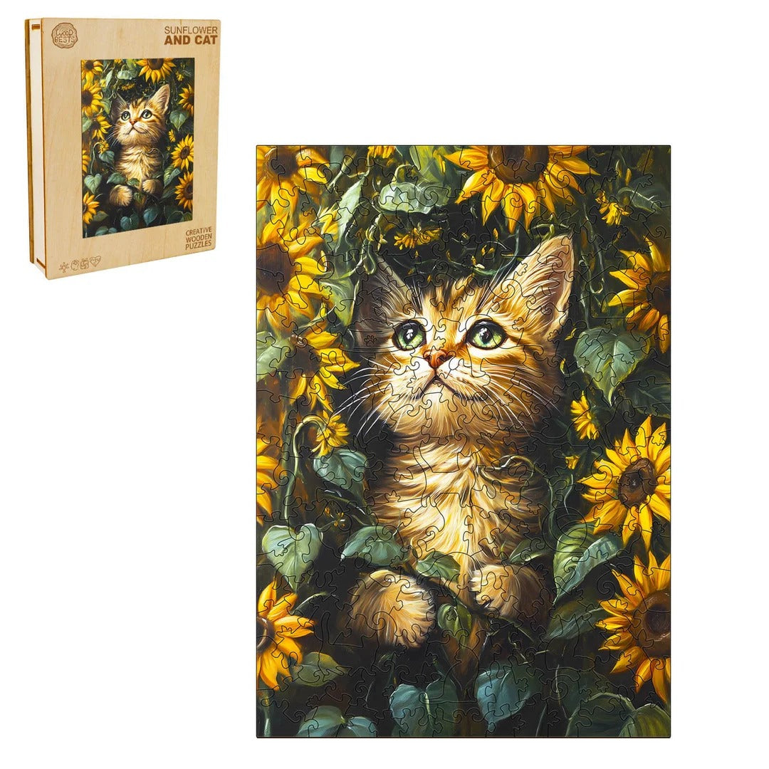 Whimsical Wooden Jigsaw Puzzle- Sunflower and Cat