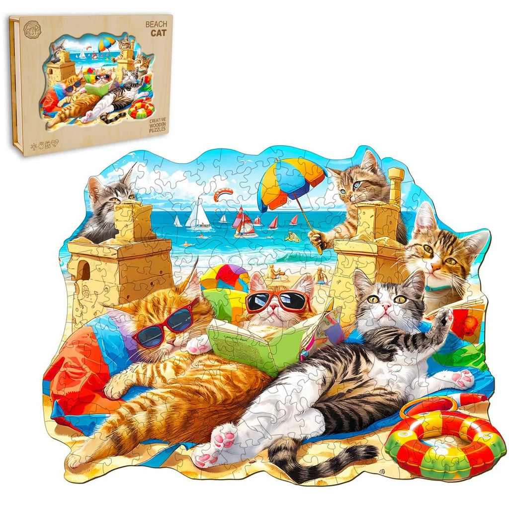Whimsical Wooden Jigsaw Puzzle-beach cat