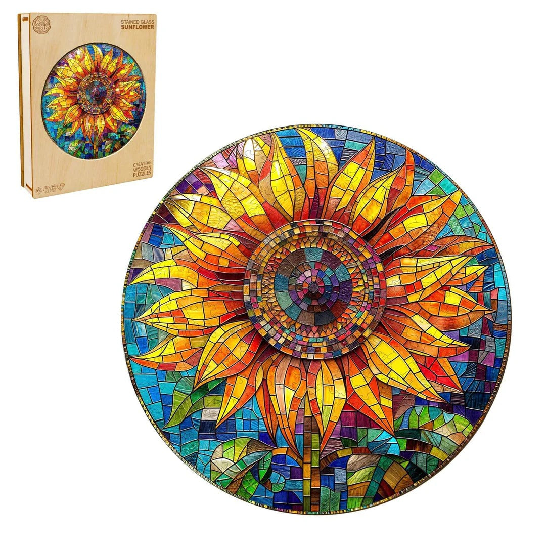Whimsical Wooden Jigsaw Puzzle-Stained Glass Sunflower