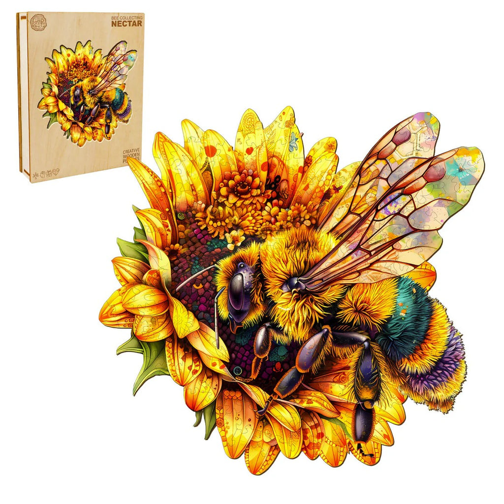 Whimsical Wooden Jigsaw Puzzle-Bee collecting nectar