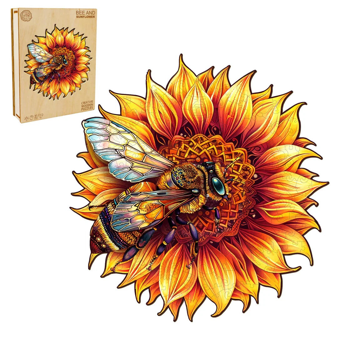 Whimsical Wooden Jigsaw Puzzle-Bee and Sunflower