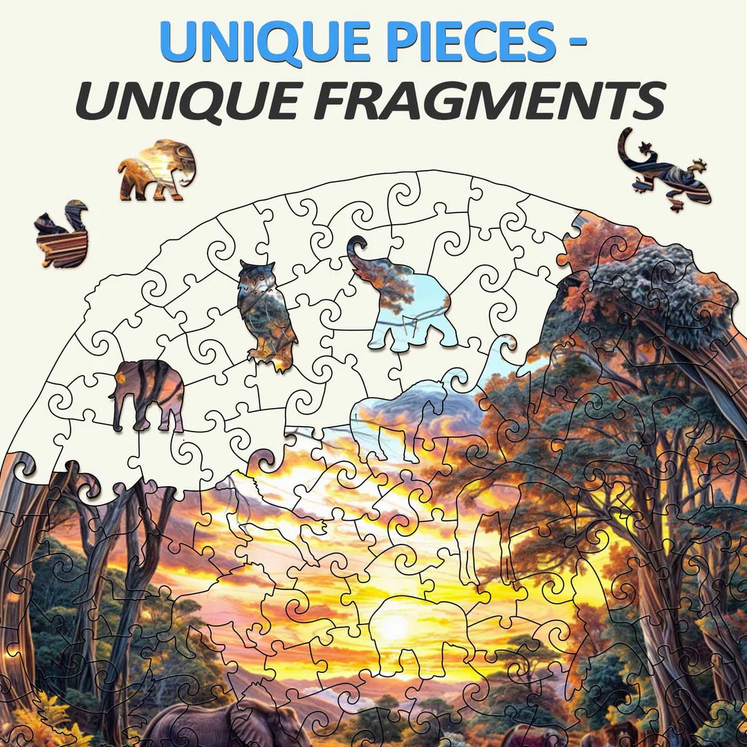 Whimsical Wooden Jigsaw Puzzle- Elephant at sunset-1