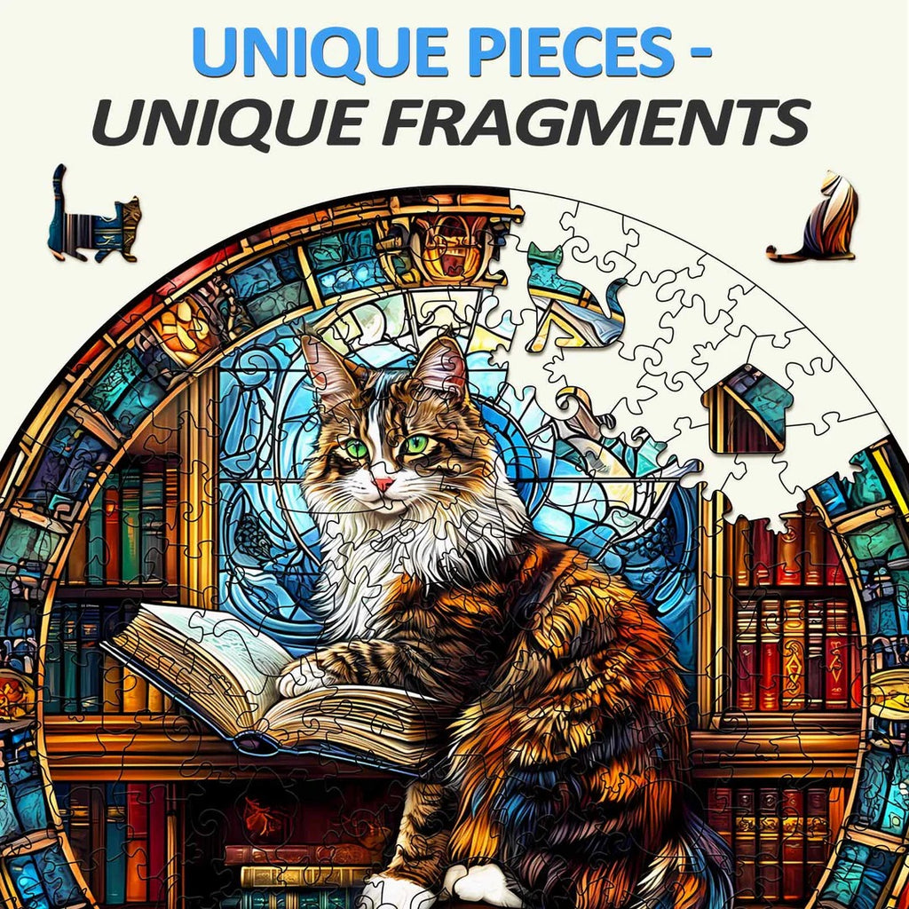 Whimsical Wooden Jigsaw Puzzle- The Maine Cat Library