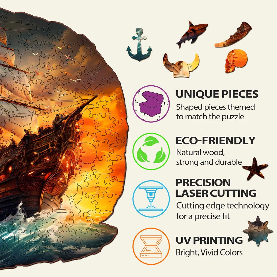 Whimsical Wooden Jigsaw Puzzle-Sailboat at sunse