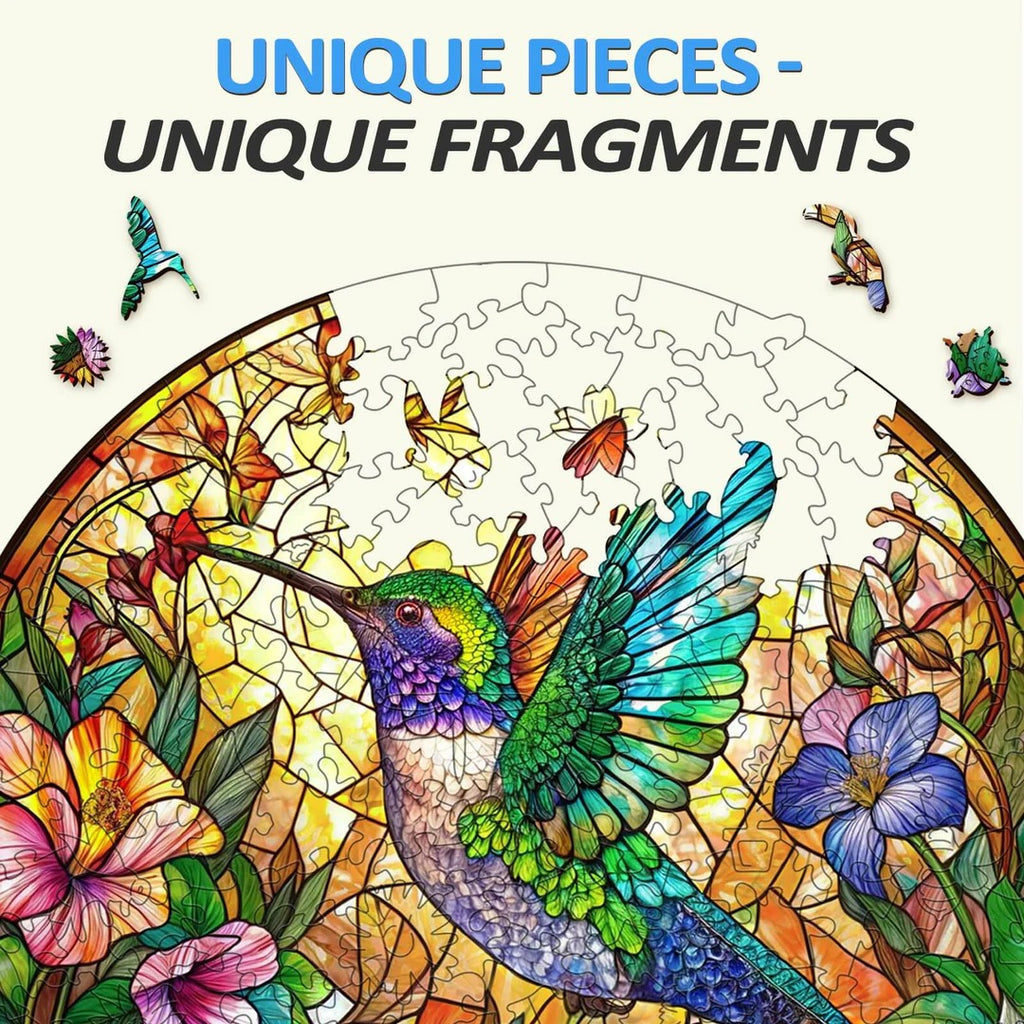 Whimsical Wooden Jigsaw Puzzle-Stained Glass Hummingbird