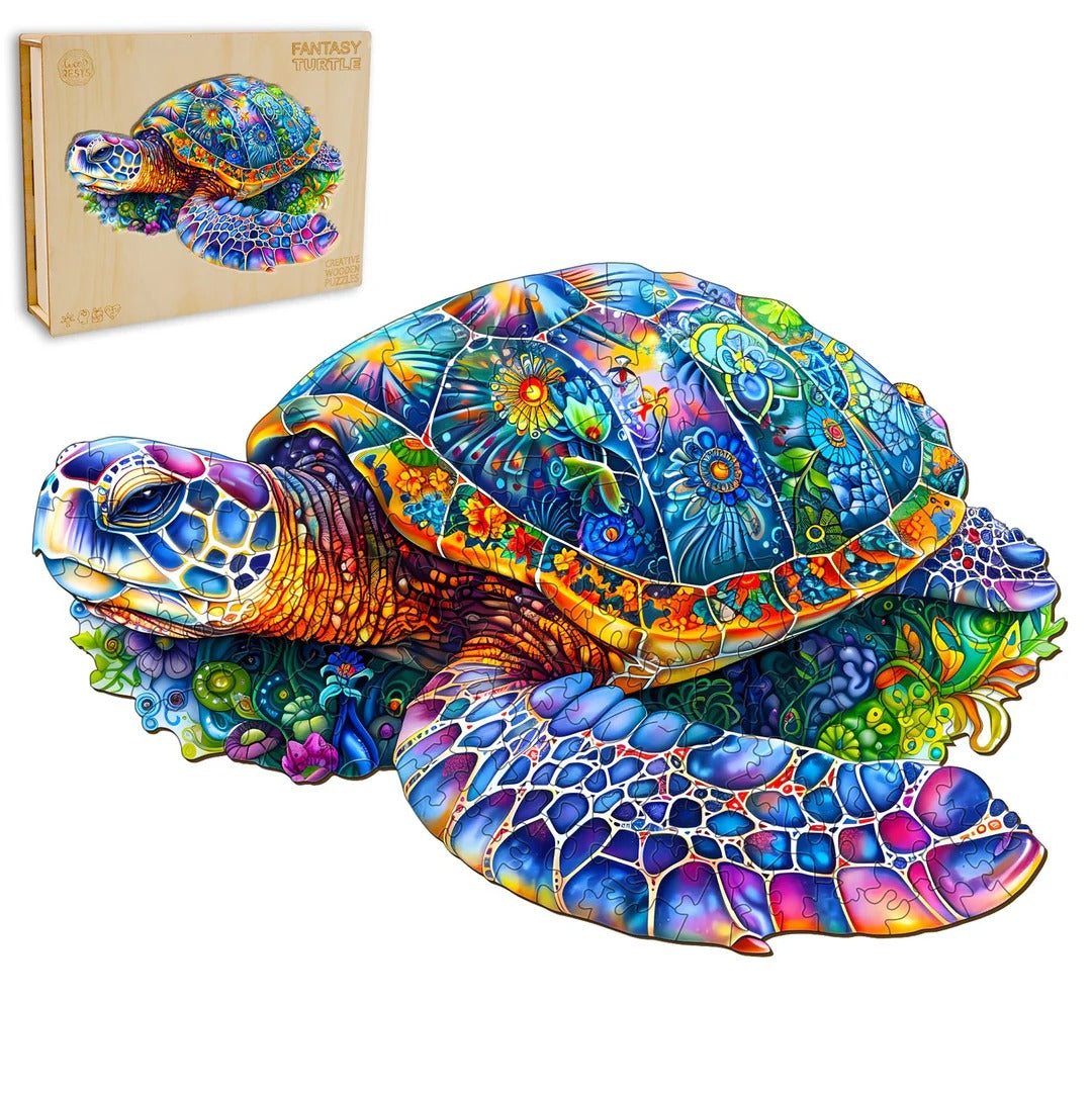 Whimsical Wooden Jigsaw Puzzle-fantasy turtle