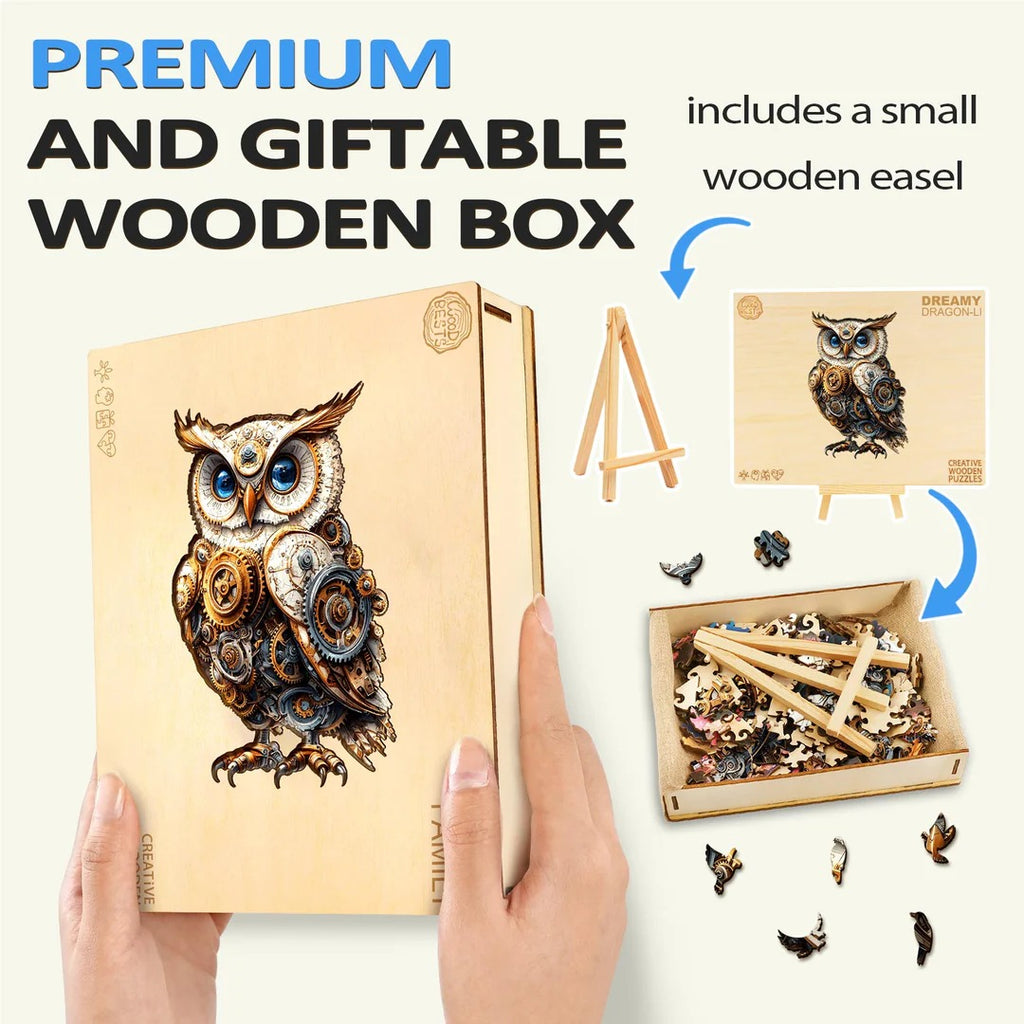 Whimsical Wooden Jigsaw Puzzle- Mechanical owl