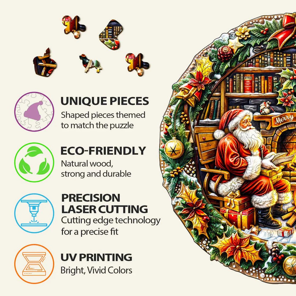 Whimsical Wooden Jigsaw Puzzle-Fireside Santa