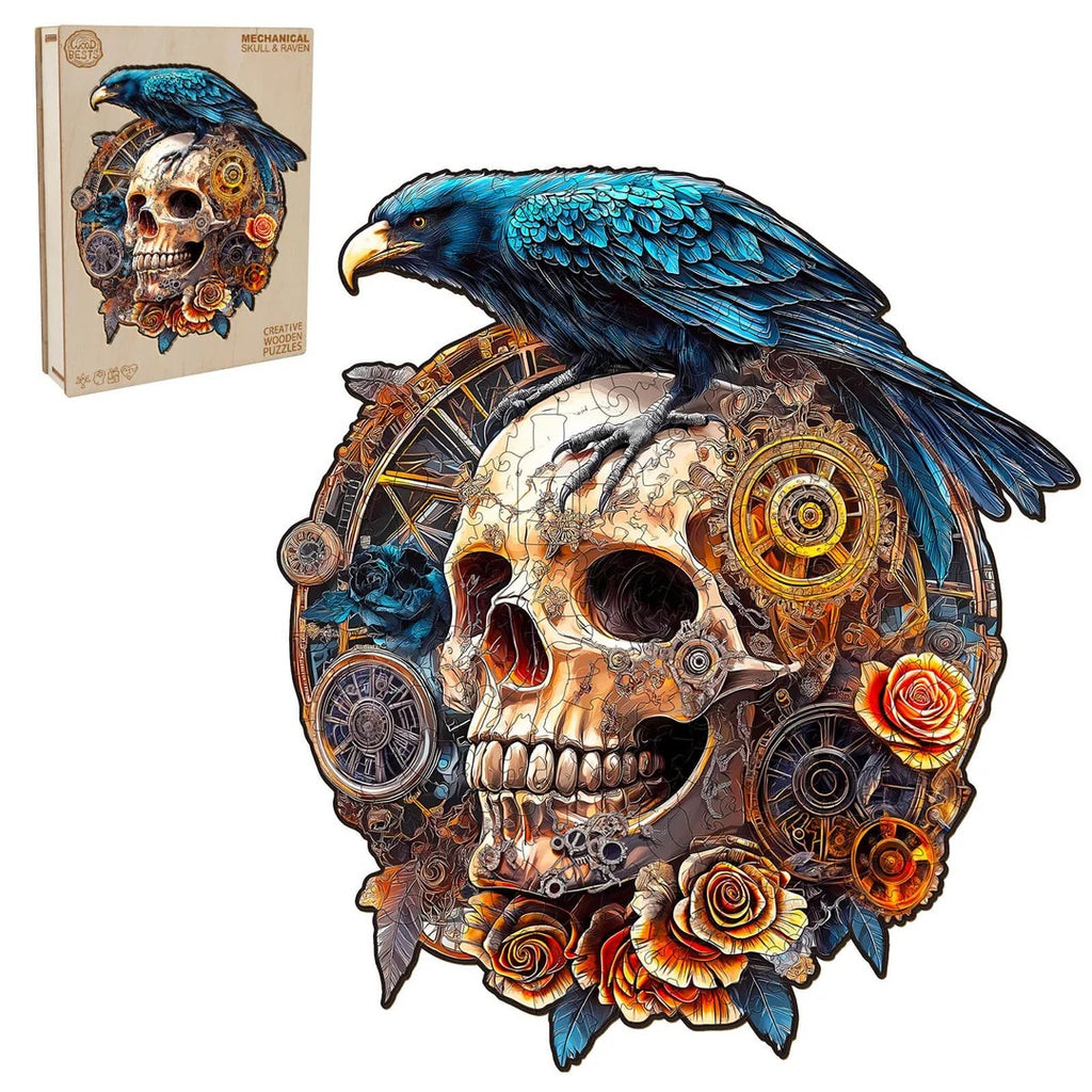 Whimsical Wooden Jigsaw Puzzle-Mechanical Skull & Raven