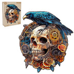 Whimsical Wooden Jigsaw Puzzle-Mechanical Skull & Raven