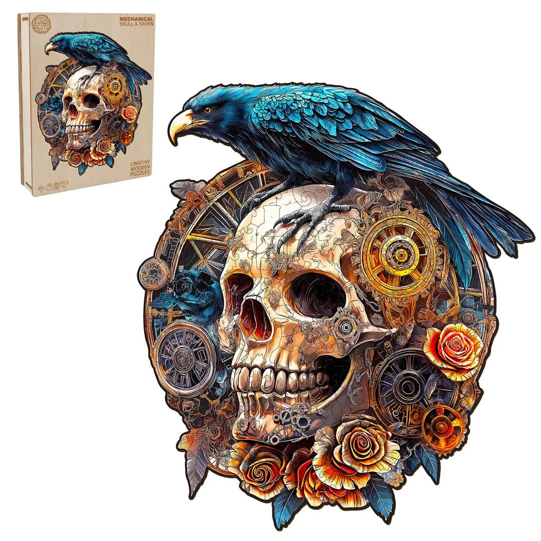Whimsical Wooden Jigsaw Puzzle-Mechanical Skull & Raven