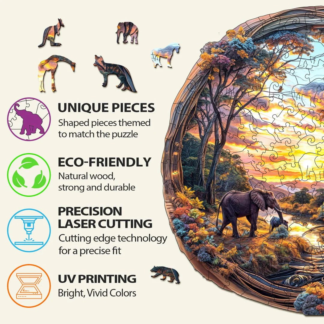 Whimsical Wooden Jigsaw Puzzle- Elephant at sunset-1