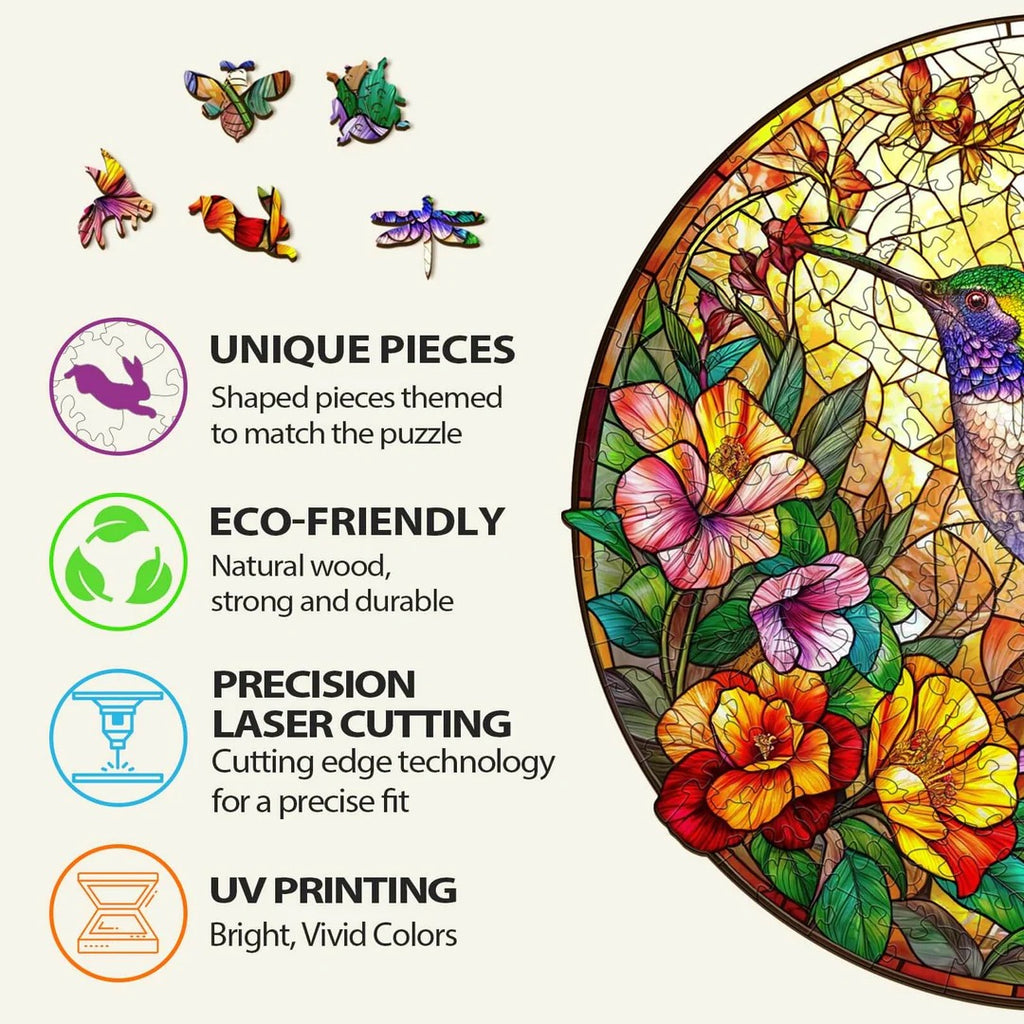 Whimsical Wooden Jigsaw Puzzle-Stained Glass Hummingbird