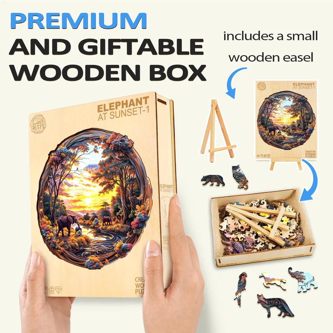 Whimsical Wooden Jigsaw Puzzle- Elephant at sunset-1