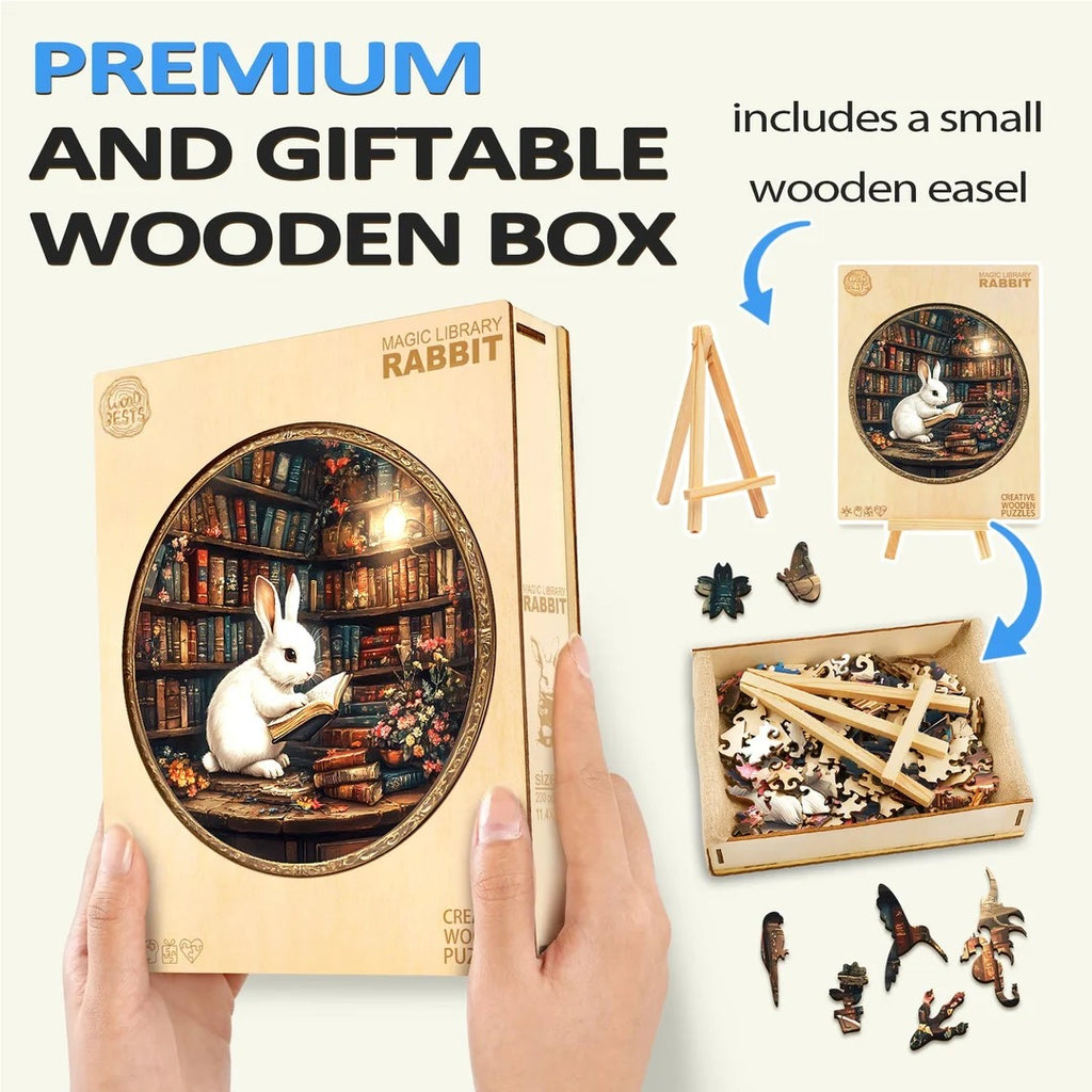 Puzzle en bois fantaisiste - Lapin de la bibliothèque magique