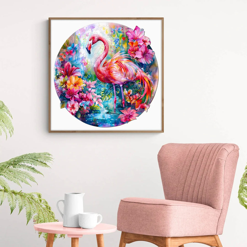 Whimsical Wooden Jigsaw Puzzle-Charming flamingo