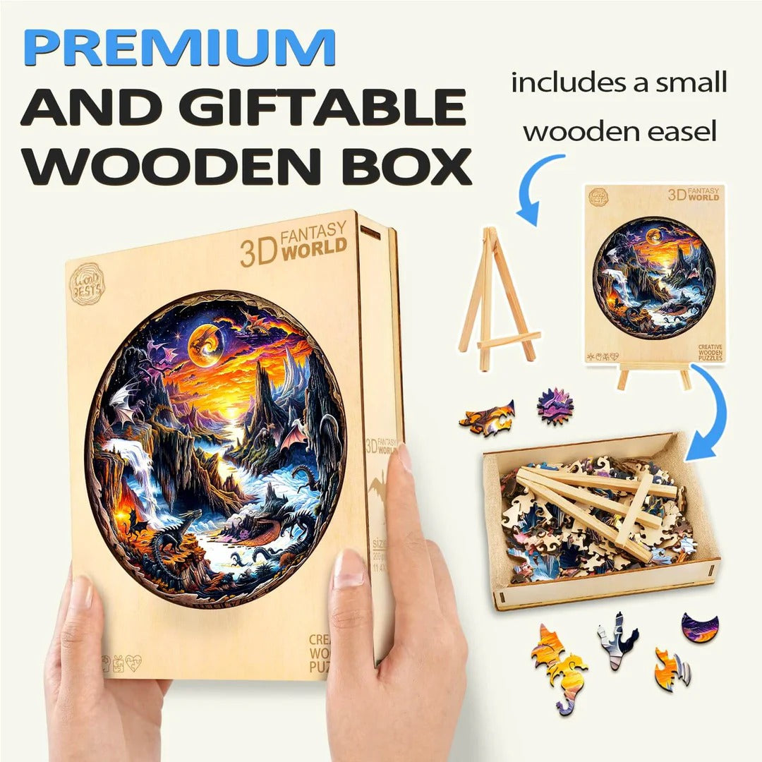 Skurriles Holz-Puzzle - 3D-Fantasy-Welt