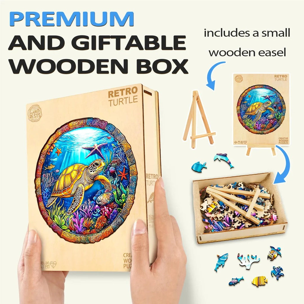 Whimsical Wooden Jigsaw Puzzle- retro turtle