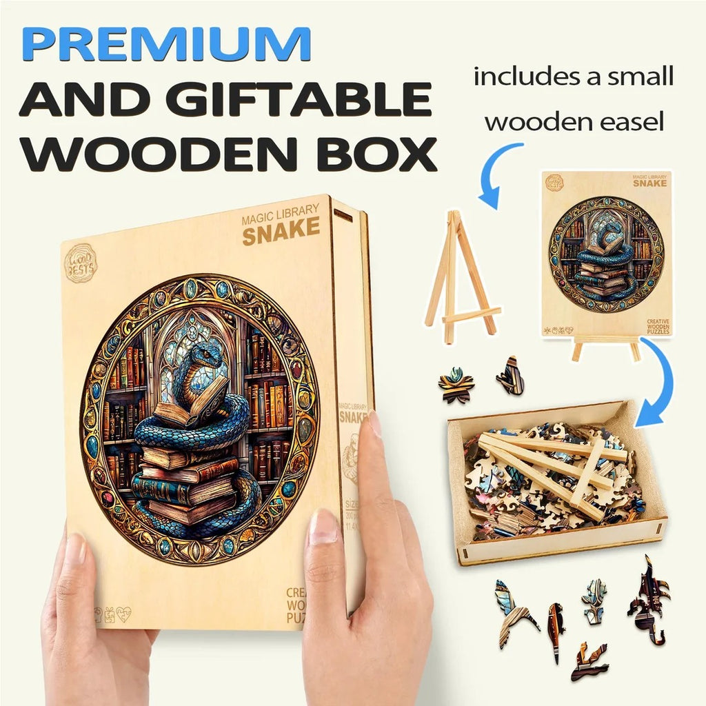 Whimsical Wooden Jigsaw Puzzle- Magic library snake