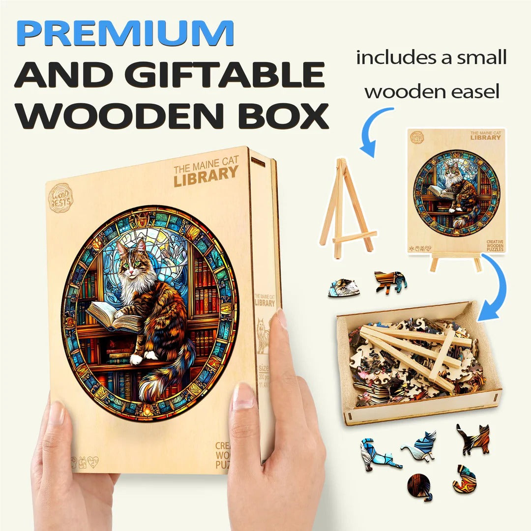Whimsical Wooden Jigsaw Puzzle- The Maine Cat Library